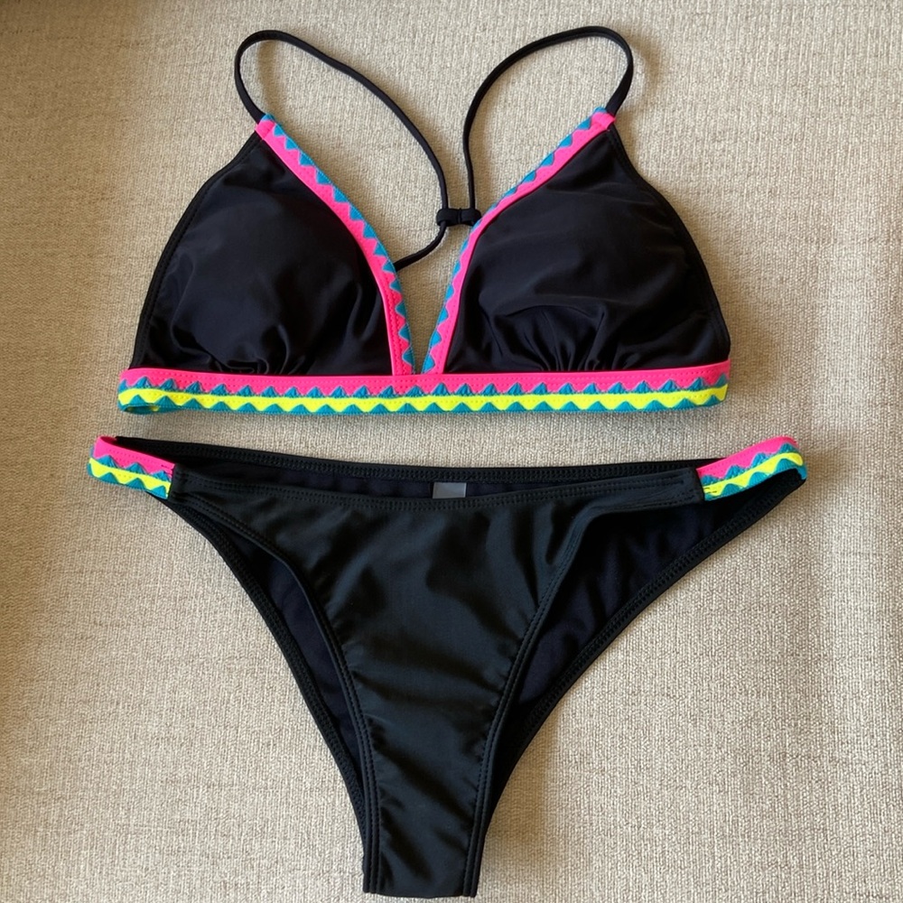 2/$20 Sale* Women’s bikini - black with bold colors; pink, blue, yellow. Size L